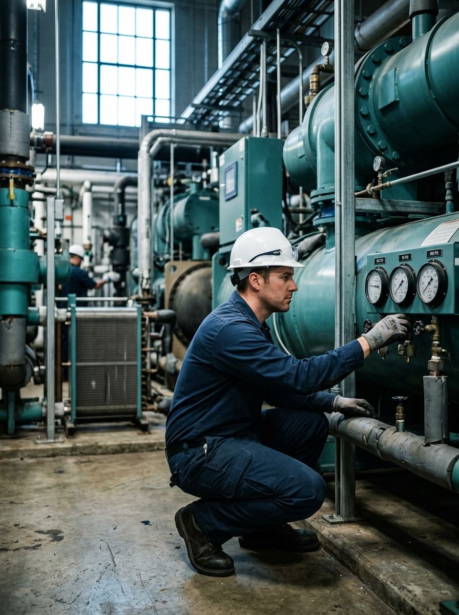 Técnico controlando parámetros en sala de máquinas